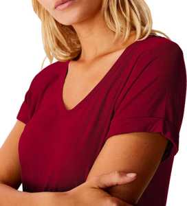 T-shirt décontracté d'été pour femme, col en V, manches courtes, coupe classique, jersey uni, bordeaux, STELLAR, Spandex/Coton, écologique - Product Image 2