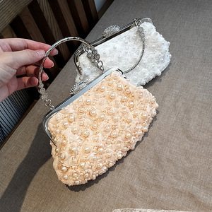 Pearl Flower Silk Handbag Women's Evening <b>Clutches</b> Bag Bridal <b>Wedding</b> Purse Party Prom Glitter Bling Rhinestone Metal Frame Bag - Product Image 4