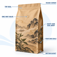 Sachet de thé Pu'er en papier kraft sans fenêtre, scellé sur huit côtés avec valve, pour la vente au détail et en gros