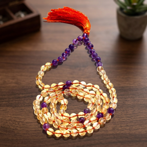 Collier Mala 108 perles en Citrine et Améthyste naturelles, 6mm, noué à la main, avec pompon, perles de prière, yoga, méditation, vente en gros, Inde - Product Image 1