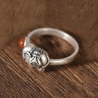 Bague éléphant mignon en argent thaïlandais style ethnique, plaqué argent antique, incrustée de pierres précieuses jade vert et jade rouge, pour femmes, hommes et couples