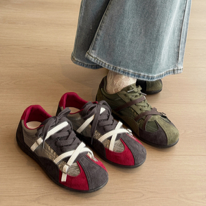 Women Retro Color Block Flat Sneakers Suede Patchwork Lace up Casual Shoes <strong>Ladies</strong> Soft Sole Walking <strong>Trainers</strong> - Product Image 1