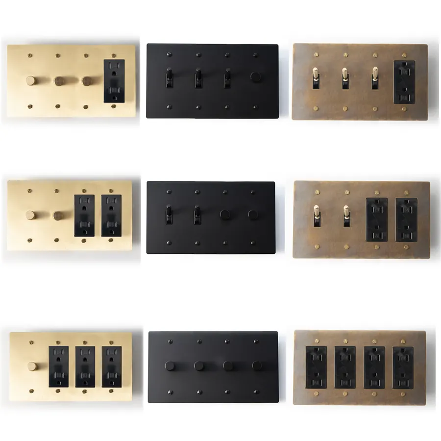 Customized US Standard Wall Pull Switch Golden Black Retro Bronze SS 4 Plate 30 Days Brass Knulred Toggle DIY 110V Socket Dimmer