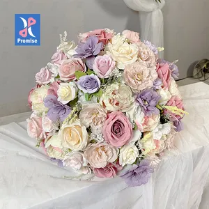 הבטחת חתונת סידור פרחים בעבודת יד פרחוני משי חתונה שולחן מלאכותי אדום לבן עלה מרכזי פרח כדור