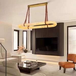 Gold Rattan Round Pendant <b>Light</b> Adjustable Height LED Chandelier for Living Room Warm <b>White</b> 3500K E27 Bulb Base - Product Image 1