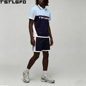 Cut And Sew Colorblock Polo Shorts <b>Set</b> Quarter Zip Contrast Piping Retro Sporty Two Piece Sweatset Wholesale Bulk - Product Image 3