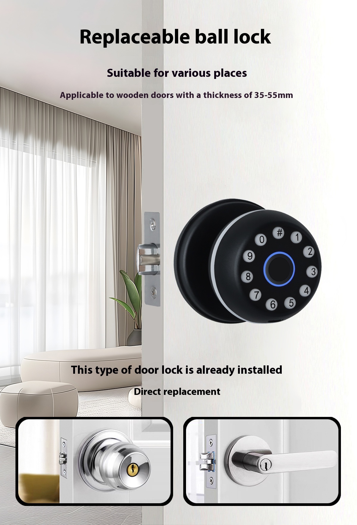 Tuya Smart Fingerprint Door Lock Zinc Alloy Ball Knob Keypad Password Anti-Peep Keyless Entry for Home Interior · image 3