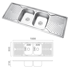 Évier de cuisine en acier inoxydable SUS201 TC 1500x500mm avec égouttoir, deux trous, installation au-dessus du comptoir, usage commercial - Product Image 4