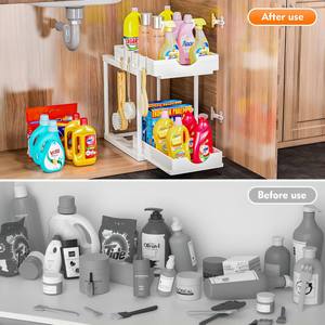 Organiseurs coulissants à 2 niveaux sous l'évier, organisateur de rangement en plastique pour la maison, organisateur coulissant sous l'armoire avec crochets - Product Image 6