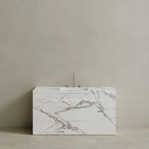 Tiroirs <span class=keywords><strong>de</strong></span> rangement compacts à un évier en marbre blanc Calacatta autoportants minimalistes pour salles <span class=keywords><strong>de</strong></span> bains d'appartements scandinaves - Product Image 1