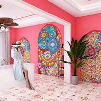 Papier peint mural personnalisé en tissu, motif géométrique d'arche marocaine islamique, couleur pêche chaude, pour chambre d'hôtes et salon