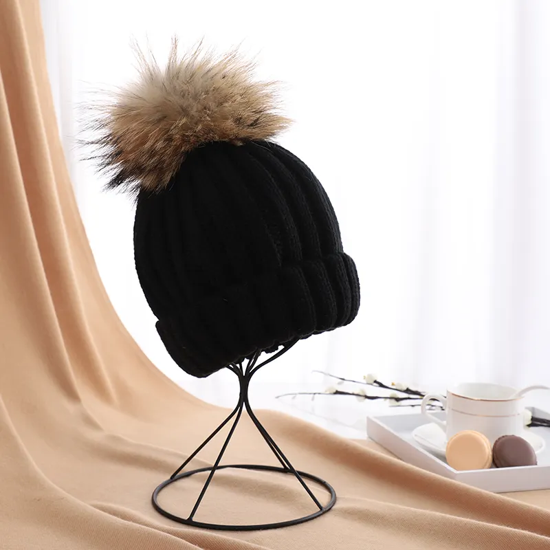 Gorros de punto con pompón para mujer, pompón de piel sintética o real, cálido, para invierno