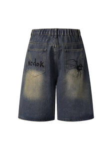2025 yaz erkek el çizilmiş örümcek Denim şort erkek yaz gevşek Retro yaşlı mavi düz tüp beş bölüm kot - Product Image 3