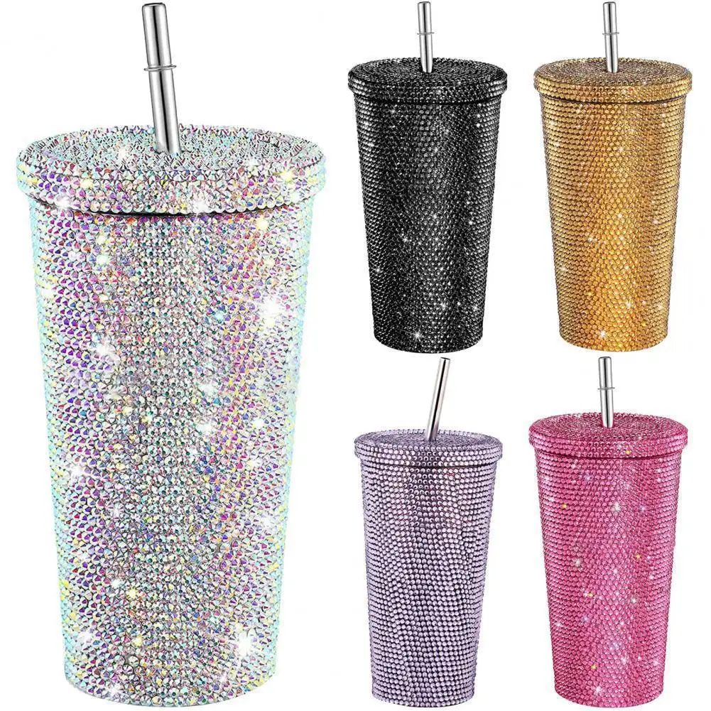 17oz Glitter Rhinestone แก้วเพชร Bling Rhinestone ถ้วยน้ําสแตนเลสเพชรแก้วกาแฟพร้อมฝาปิดและฟาง