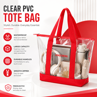 Sac de plage en PVC rouge transparent personnalisé de grande capacité, sac de rangement pour maquillage en plastique durable avec fermeture éclair, pour le shopping et les voyages