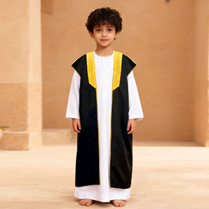 Abito Tradizionale Arabo per Adulti e Ragazzi, Ricamo con Bordi Dorati, Colore a Contrasto, Estivo, in Poliestere, Stile Etnico per Festival e Moschea - Product Image 2