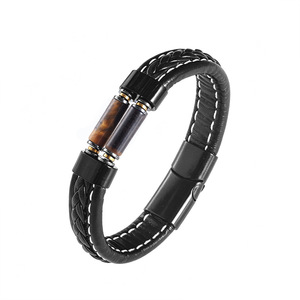 Men's Stainless Steel <b>Leather</b> <b>Bracelet</b> Tiger's Eye Inlay Braided Cord Gift Jewelry 7.5in 8.5in 9in - Product Image 3