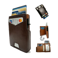 Dompet Kartu Pop-Up Kulit PU Pria, Tempat Kartu Kredit Logam Tipis Anti RFID dengan Kantong Uang Tunai