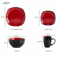 Service de table en céramique rouge et noir de 16 pièces, 4 assiettes et bols en porcelaine résistante aux hautes températures, écologiques, sans BPA, compatibles micro-ondes