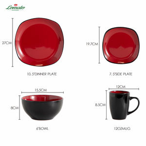Service de table en céramique rouge et noir de 16 pièces pour 4 personnes, vaisselle en porcelaine cuite à haute température, assiettes carrées, bols, tasses, couleur luxueuse - Product Image 2