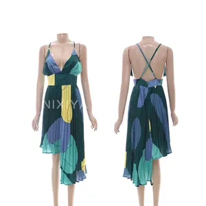 Summer Ladies Drape Collar Cami Sexy Digital Print Pressed Pleated Asymmetrical Hem Cross Silk Slip Satin Dress