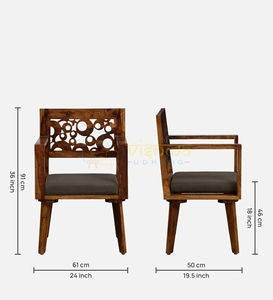 Fauteuil d'appoint en bois de Sheesham sculpté géométriquement avec siège rembourré et pieds effilés, mobilier moderne et artistique pour chambre et salon - Product Image 2