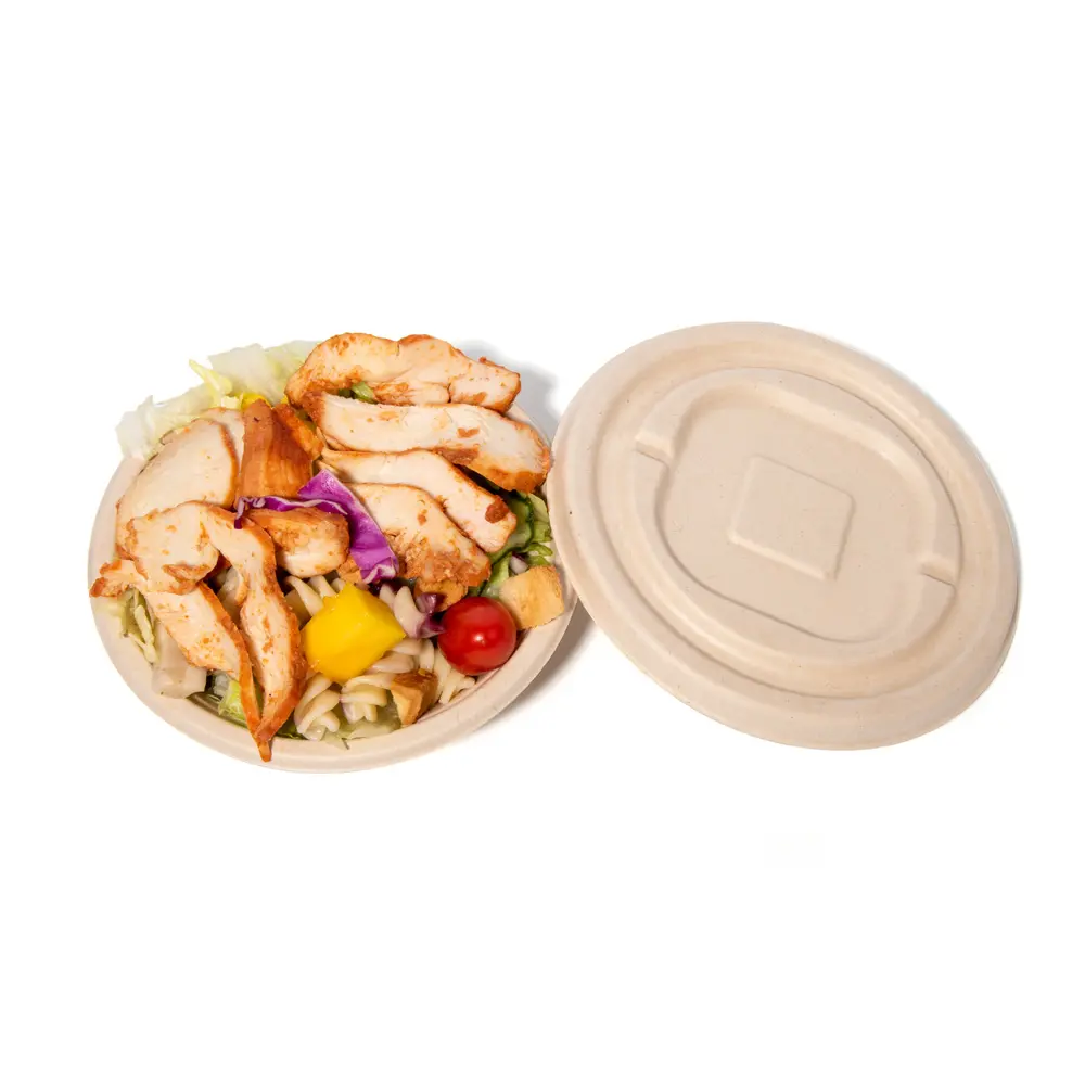 Biodegradable mangkuk bulat sekali pakai gula bagasse salad takeaway daging salad mangkuk dengan tutup
