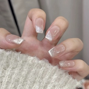 Xuannail First Love New Cat's Eye French Blanchiment Press-On False Nail Art 24pcs Poudre Cercueil Pur Porté À La Main Artificiel - Product Image 3
