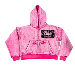Sudadera con capucha rosa tie-dye con logo personalizado, forro polar unisex, informal, con cremallera, bolsillo frontal, bordado desgastado, pedrería, lavado vintage - Product Image 1