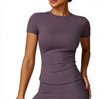 Kaos Lengan Pendek Polos Ketat Cepat Kering Bahan Polyamide Buatan Khusus untuk Yoga, Fitness, Lari Outdoor Wanita Dewasa