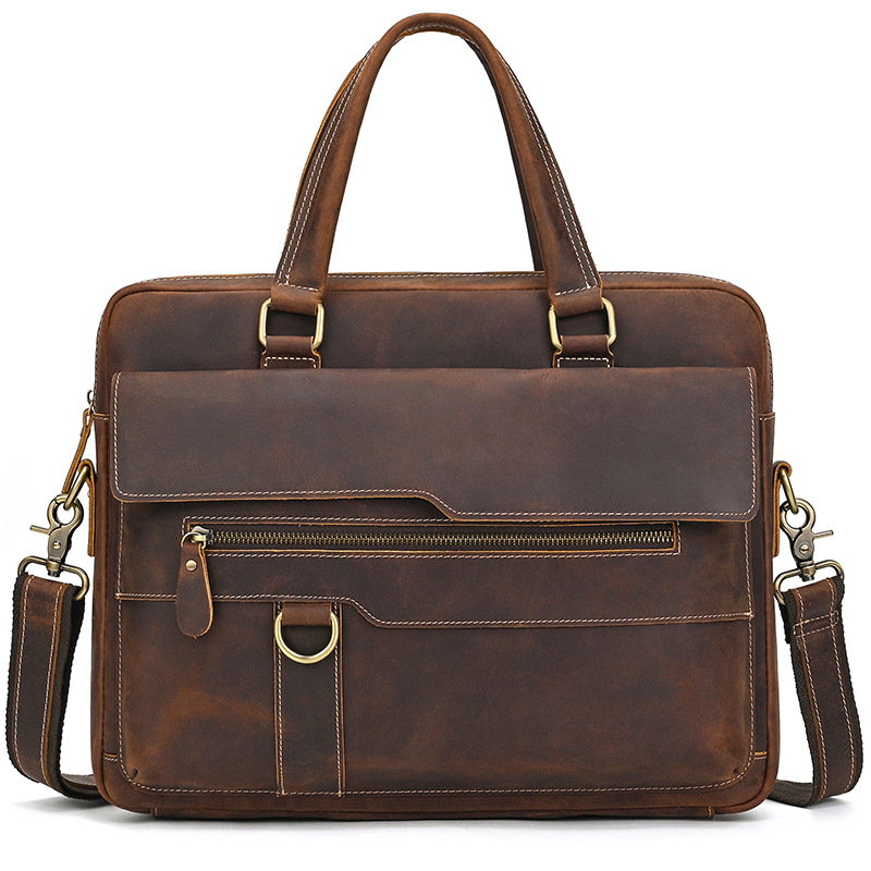Men's Full-Grain Genuine Leather Briefcase – 14-Inch Laptop Business Commute Carry Bag