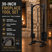 Ensemble de 5 outils de cheminée en fer forgé de 30 pouces avec support, pioche, pelle, brosse, pince à bois pour foyer intérieur/extérieur