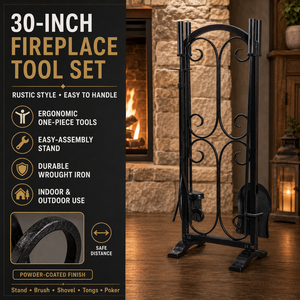 Ensemble <span class=keywords><strong>de</strong></span> 5 outils <span class=keywords><strong>de</strong></span> cheminée en fer forgé <span class=keywords><strong>de</strong></span> 30 pouces avec support, pioche, pelle, brosse, pince à <span class=keywords><strong>bois</strong></span> <span class=keywords><strong>pour</strong></span> foyer intérieur/extérieur - Product Image 5