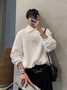 Suéter de solapa con textura gofrada 2025 para hombre, estilo retro de otoño, moderno, holgado, informal, de manga larga, color liso, Rabbit - Product Image 4