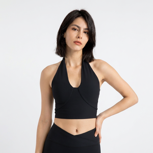 Débardeur de sport côtelé pour femme, col halter, décolleté plongeant en V, extensible, séchage rapide, avec coussinets amovibles, pour fitness et yoga, sans manches, coupe courte - Product Image 1