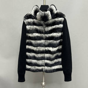 เสื้อแจ็คเก็ตกันลมสำหรับผู้หญิง ฤดูหนาว หรูหรา คอตั้ง ขนกระต่ายเร็กซ์แท้ แขนถัก ผ้าขนสัตว์ - Product Image 3