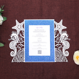 Pochette d'invitation découpée au laser sur mesure, thème océan, avec carte imprimée pailletée bleue et enveloppe blanche - Product Image 3