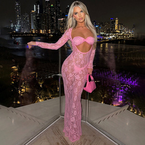 King Mcgreen Star Summer Womens Lace Cut Out Vestido largo Slim Fit See Through Lace Flower Vestido de manga larga para fiesta - Product Image 5