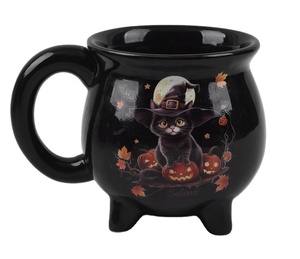 Mug en céramique personnalisé pour Halloween, motif sorcière, chat et citrouille, noir brillant, sans BPA, compatible lave-vaisselle et micro-ondes, pour café - Product Image 3