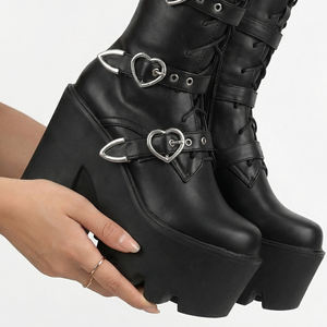 Bottines noires <span class=keywords><strong>gothiques</strong></span> WETKISS pour femmes, avec boucles en forme de cœur, à porter au-dessus du genou, talons épais, <span class=keywords><strong>bottes</strong></span> longues, chaussures cyber goth pour femmes - Product Image 5