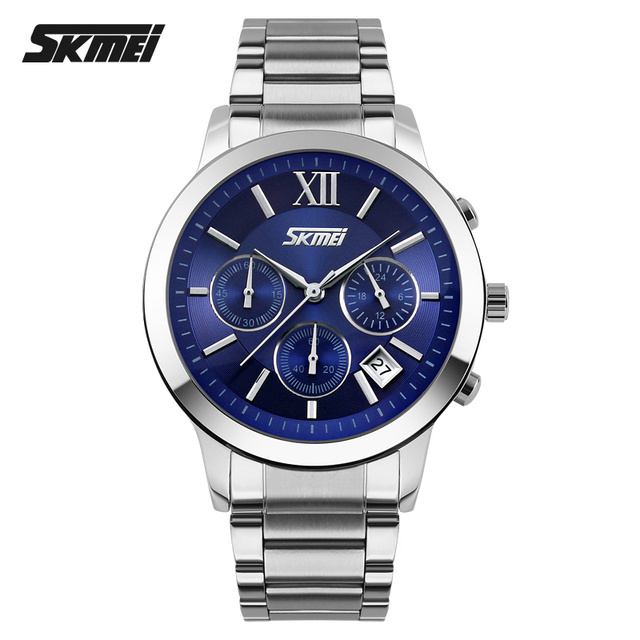 SKMEI 9097 Custom Logo Men's Quartz Alloy Case Stainless Steel Band Waterproof Chronograph Auto Date Business Fashion Watch