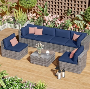 Juego de Muebles de Jardín de 7 Piezas para Todo Clima, en Mimbre Sintético Gris, con Cojines y Almohadas Azul Marino - Product Image 1