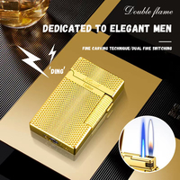 Briquet à cigares premium coupe-vent à double flamme au gaz butane rechargeable avec silex remplaçable et roue d'allumage latérale