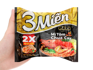 บะหมี่กึ่งสำเร็จรูป 3Mien รสกุ้งเปรี้ยวเผ็ด 75 กรัม แพ็คทอง ราคาสุดคุ้ม - Product Image 1
