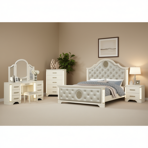 Set Camera da Letto Jasmine Queen Size con LED, Mobile in Legno Beige, Arredamento Moderno Contemporaneo - Product Image 2