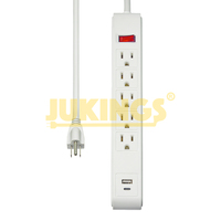 Stop Kontak Ekstensi Surge Protector 5 Lubang 300-Joule Kabel Tembaga PVC 3 Kaki 15A 125V 1 USB 1 Type-C Pengisi Daya Berlampu Putih OEM