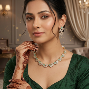 Traditional Ethnic High Quality Alloy <b>Silver</b> Plated Latest Designed <b>Choker</b> Set Coral Flower Design Earrings Necklace Engagement - Product Image 3