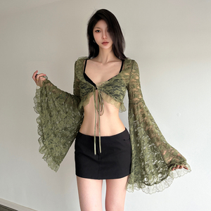 Couverture transparente en dentelle verte pour femme, cardigan court à manches évasées et à nouer sur le devant, haut de plage décontracté style Y2K - Product Image 4