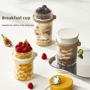 Glass Portable Oatmeal Milk Porridge Yogurt Soy Milk Water & Salad Cup with Lid and Spoon - Product Image 1