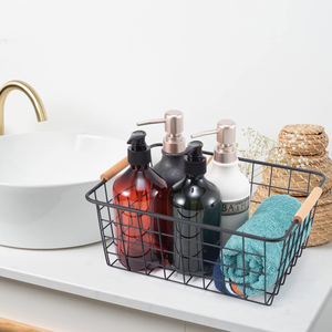Panier de rangement métallique pour la maison, boîte de rangement pour collations, paniers de rangement multifonctionnels en fil métallique avec poignées en bois - Product Image 6